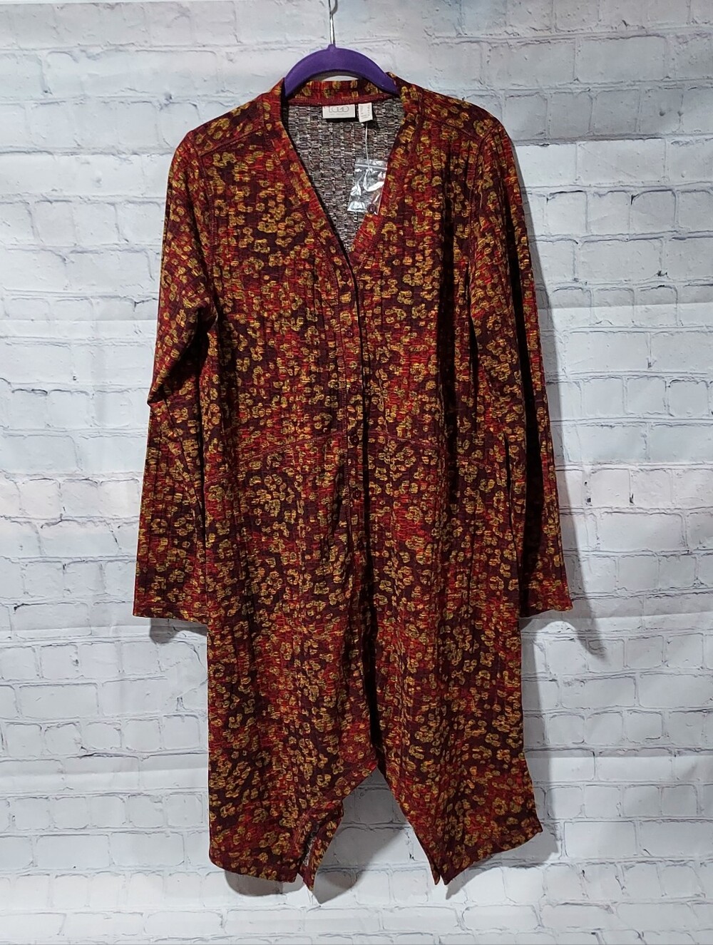 LOGO By Lori Goldstein Small Animal Print Duster Cardigan V-neck Woodlands
